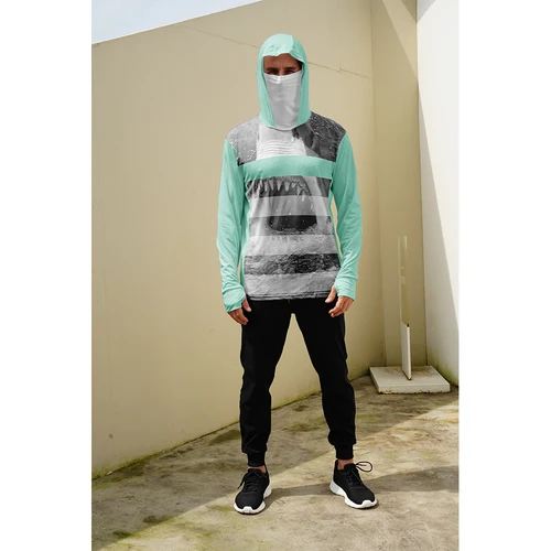 Imagen 2 del producto Camiseta deportiva para hombre, máscara con capucha, ropa deportiva UPF 50+, protección solar UV, manga larga, pesca al aire libre, correr, camisa con capucha