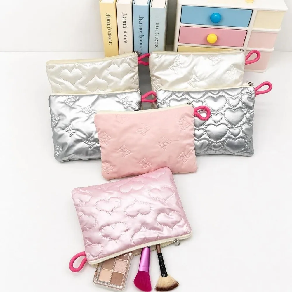 Multi-function Cosmetic Pouch Embossed Heart Satin Material Quilted Makeup Bag Bow Decoration Toiletry Storage Pouch Girls