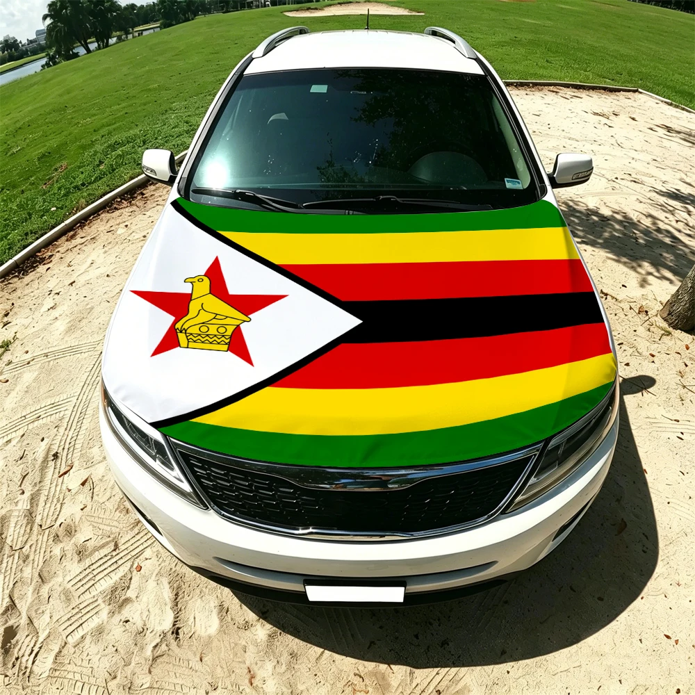 130x160cm Zimbabwe Flag Car Hood Cover, Elastic Windproof Patriotic Bonnet Banner