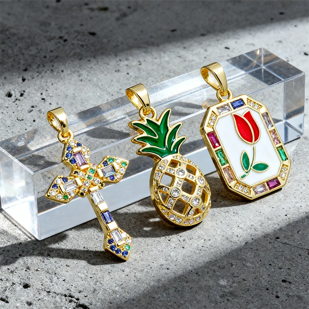 

1Pc Pendants Brass Charms CZ Cubic Zirconia Flower Cross Pineapple DIY Jewelry Charms for Necklace Bracelet Making Craft