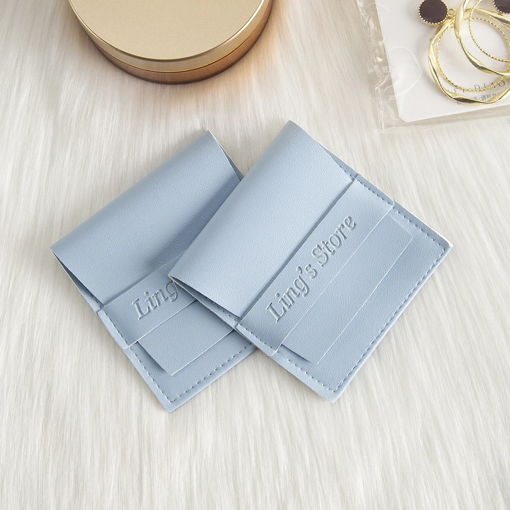 Custom Logo 8x8cm Summer Blue Pu Leather Jewelry Strip Bag Mini Portable Envelope Ring Chain Key Coin Storage Personalized Pouch