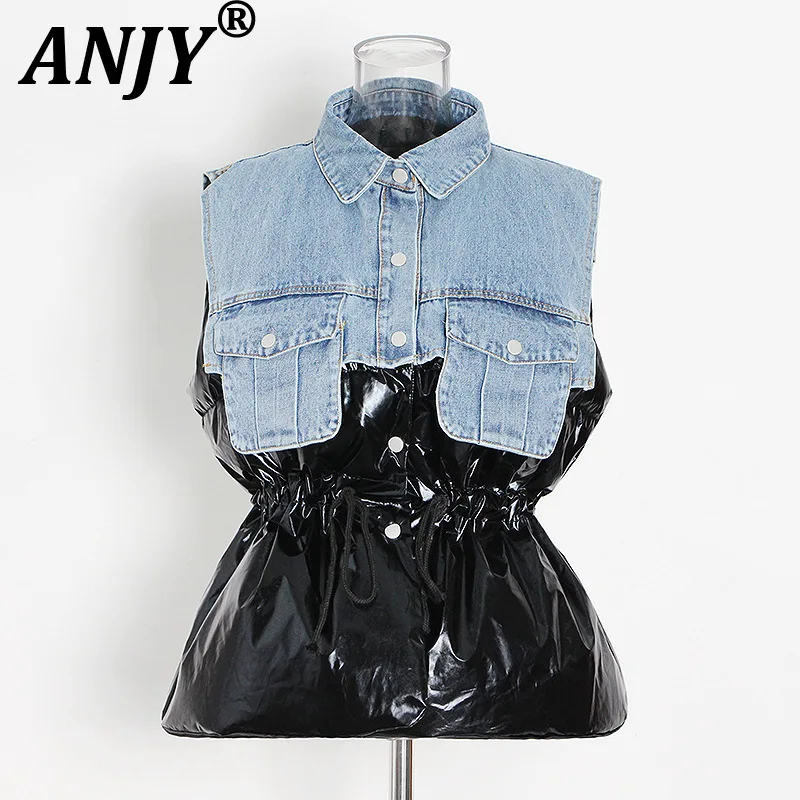 

ANJY Autumn Winter New Woman Padded Coat Denim Patchwork Contrast Color Sleeveless Waist Cinching Elegant Casual Waistcoat A8755