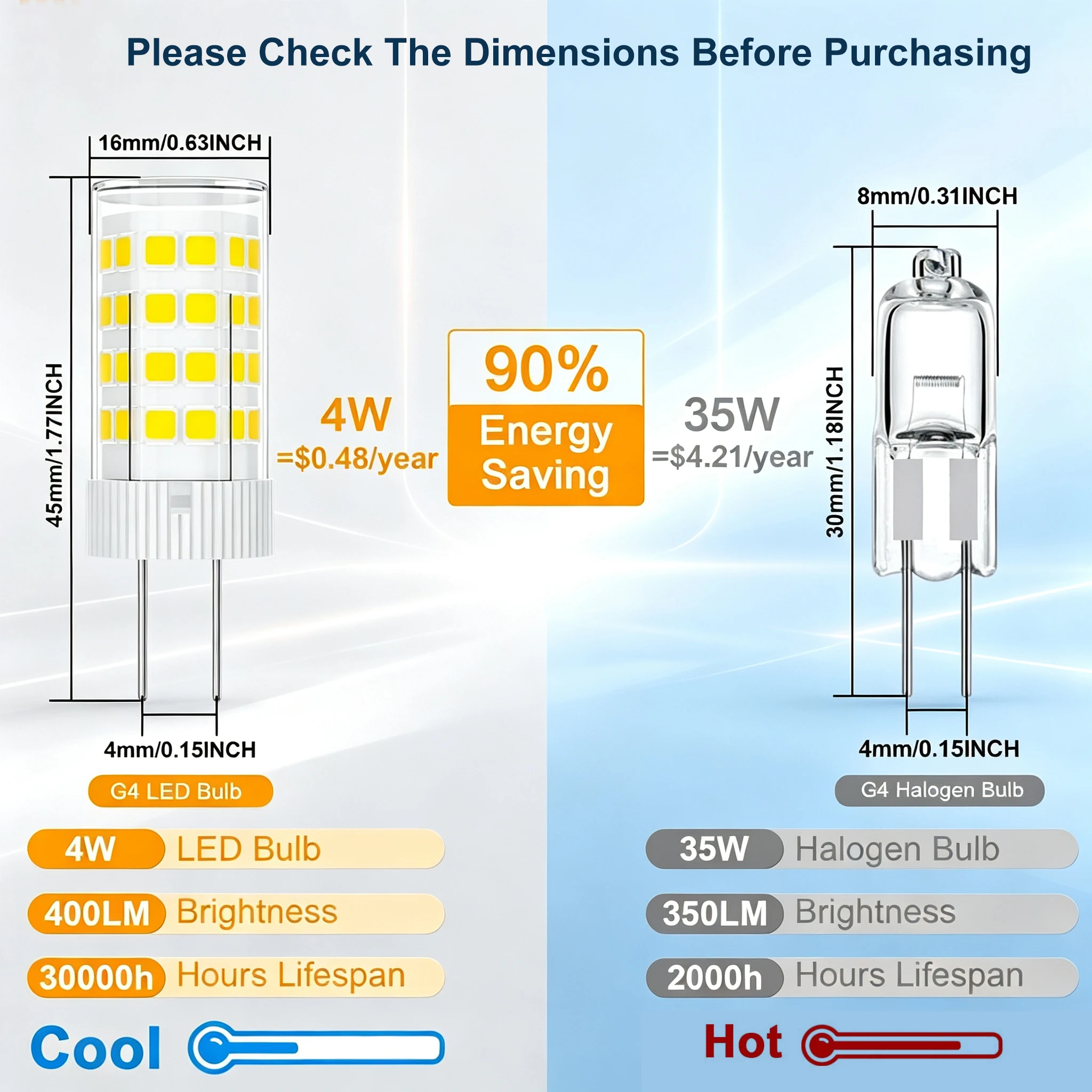 G4 LED Bulb 4W 2700-5000K 12V AC/DC Bi-Pin T3 JC Type 40W Halogen Equivalent for Outdoor Landscape Lighting Stairs Home Lighting
