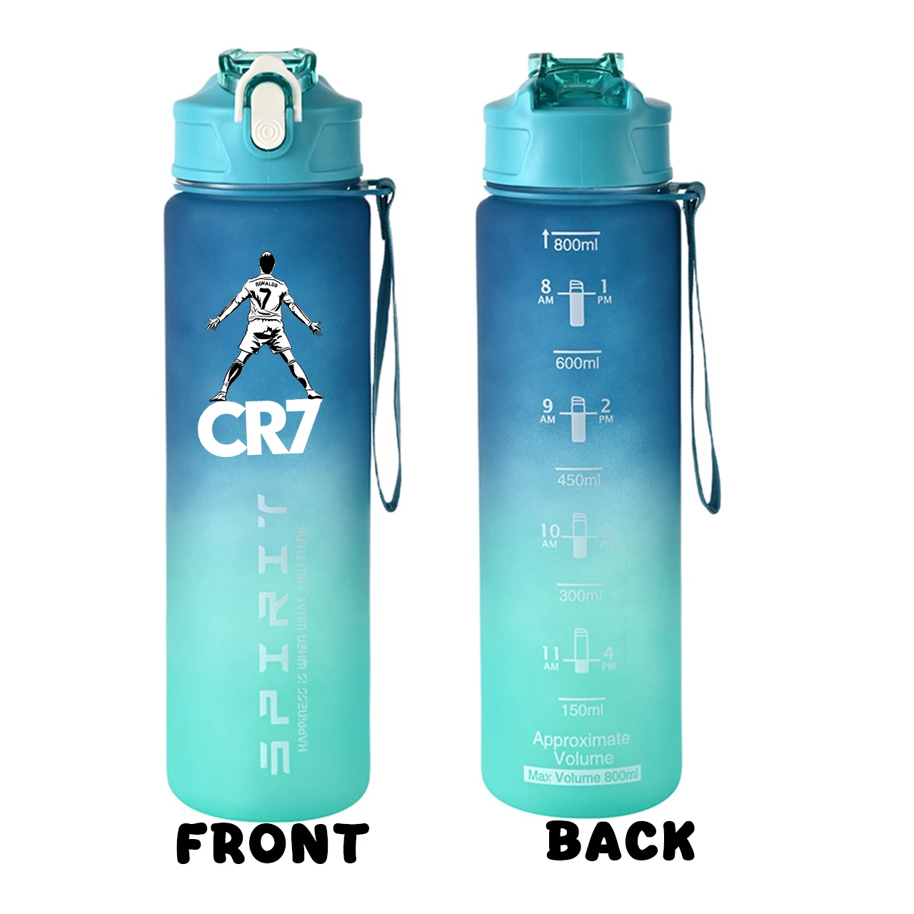 زجاجة مياه شفافة رياضية من نجم كرة القدم رونالدوس سعة 800 مل، زجاجة شرب شفافة مضادة للتسرب للسفر في صالة الألعاب الرياضية، زجاجة بلوري