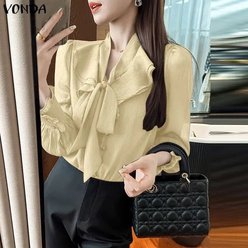 

VONDA Elegant Women Bandage Ruffled Blouse Long Sleeve Bow Collar Office Fashion Ladies Shirt Streetwear Blusas Female Solid Top