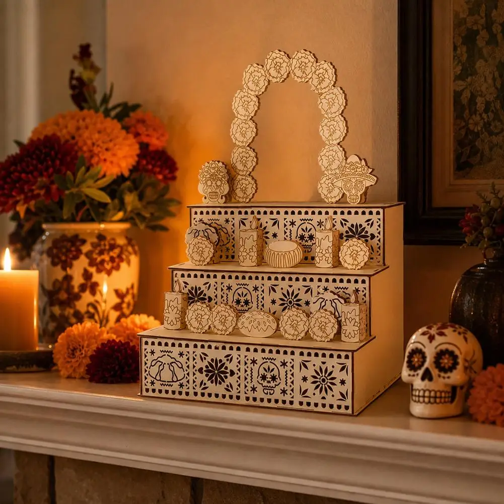 Wooden Day of the Dead Altar Kit,DIY Unfinished&Colorful Finished Version,Mexican Día de los Muertos Decor Tiered Tabletop Altar