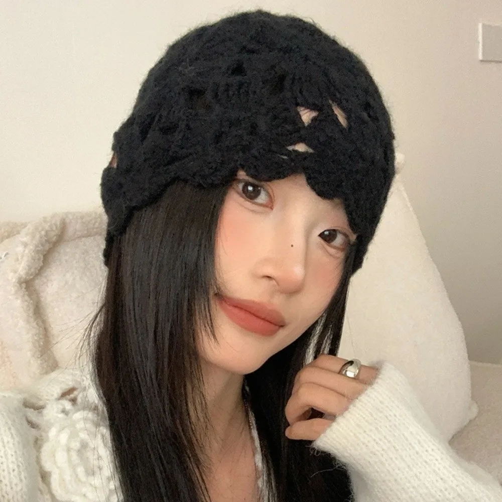

Sweet Solid Color Crochet Flower Hat Handmade Hollow Knitted Pullover Hat Japanese Short-brimmed Beanies Cap Girls