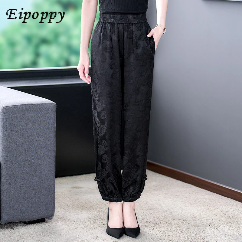 بنطلون حريم أسود رفيع مربوط بكاحل ، حرير حقيقي جامبيرد ، بنطلون فانوس أنيق ، لفافة حرير جوانج ، الصيف
