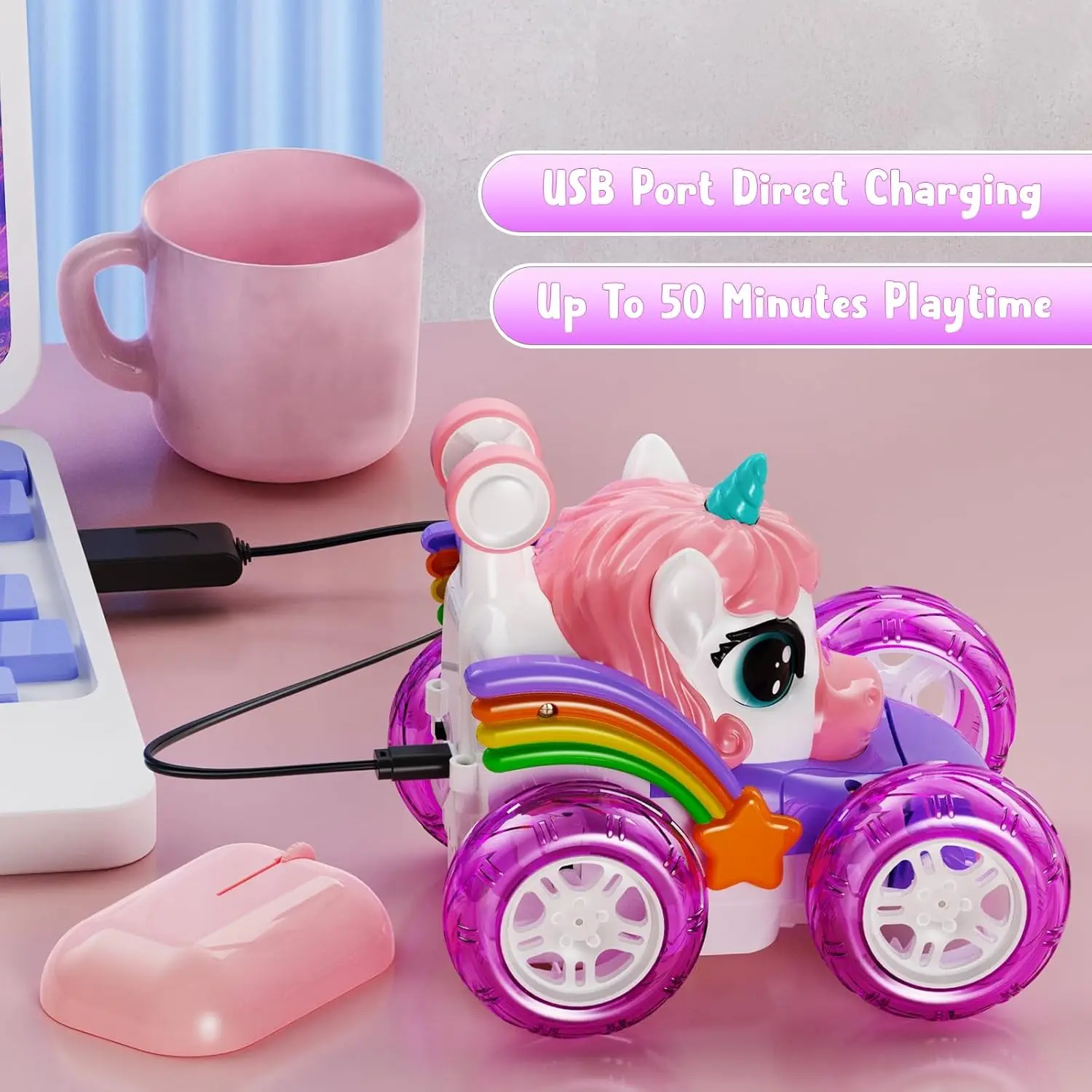 Coche teledirigido unicornio para niñas, 360 °   Coches RC acrobáticos giratorios 4WD con luces lindas, juguetes recargables, regalos de cumpleaños para niños