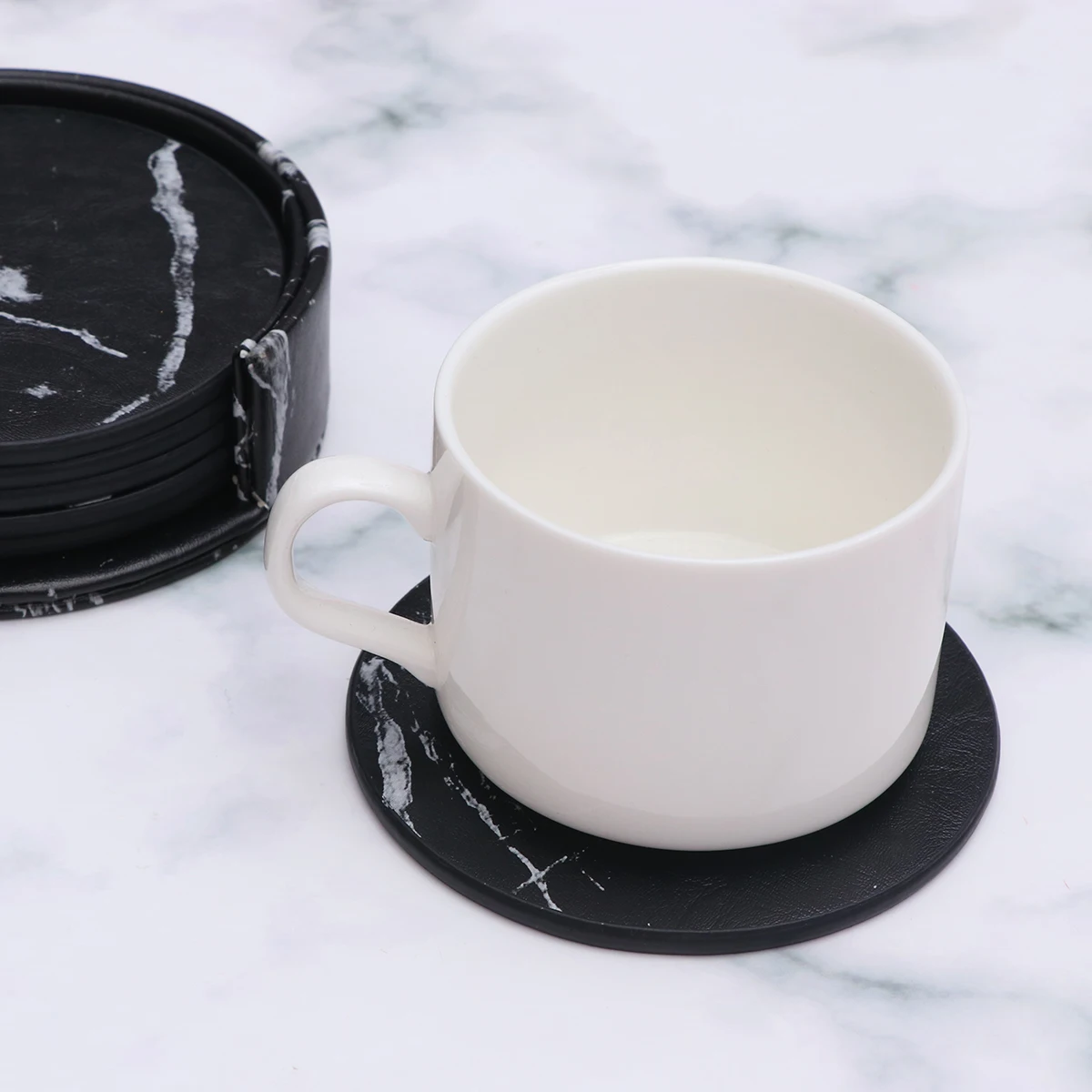 

6 PU Coasters Round Black Non Mats Heat Resistant Waterproof Pu Cup Mat Table Modern Home Decor