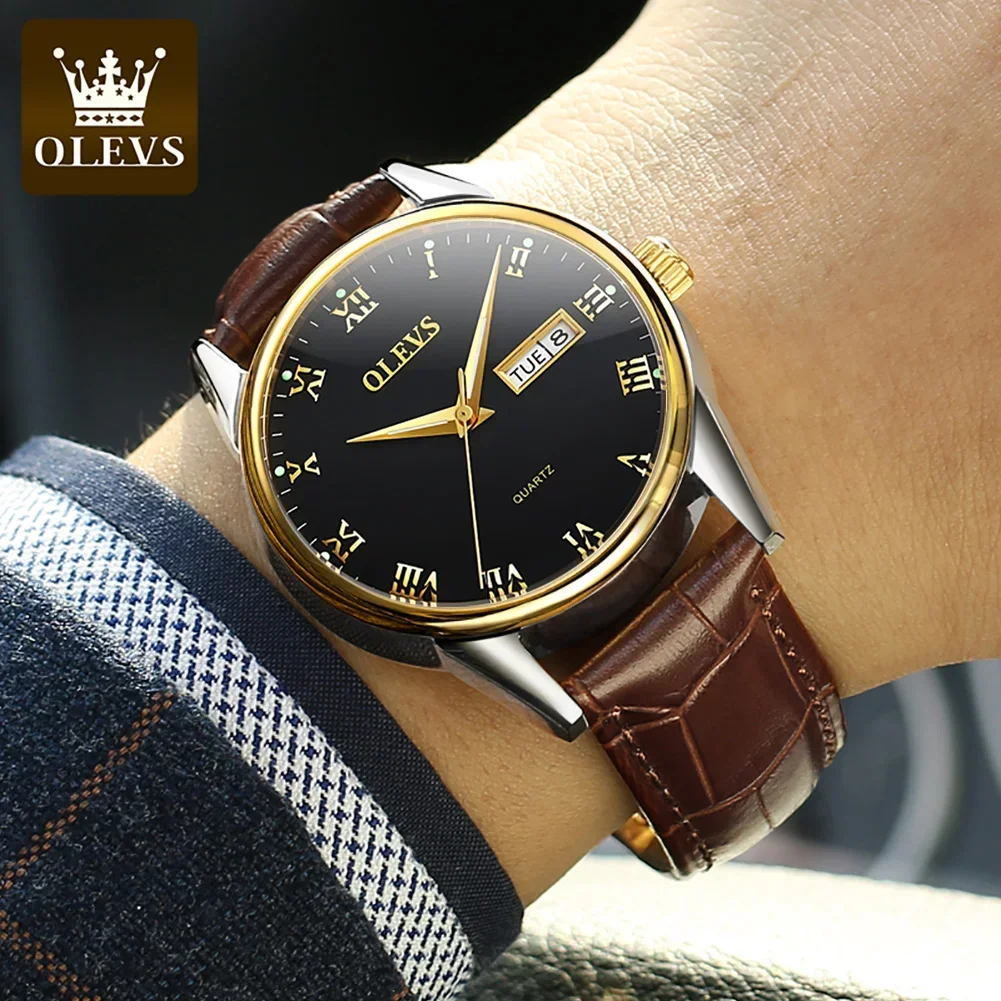 OLEVS-Montre à Quartz Originale pour Homme, Montres de Luxe en Acier Inoxydable, Étanche, Bracelet en Cuir Shoe, Date Semaine, Montre-Bracelet