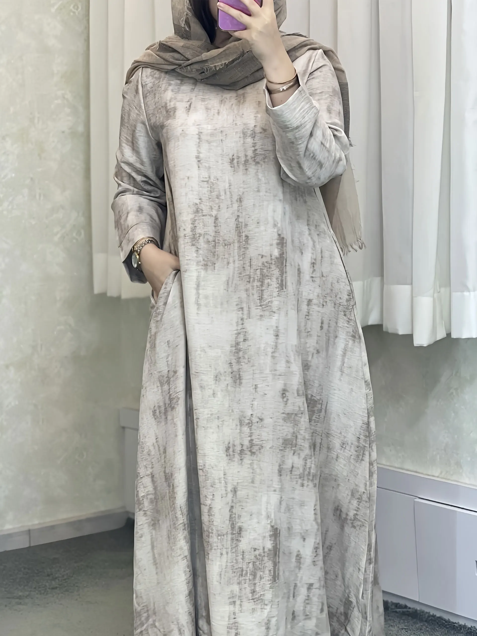 2025, heet verkoop elegante abrikozen moslim gewaad Abaya met gecoördineerde Ramadan, ideaal voor het creëren van moeiteloos chique bescheiden outfit