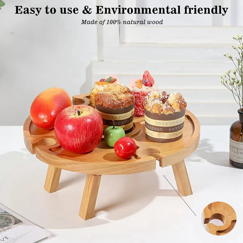 Wooden Folding Picnic Table With Wine Glass Holder - Portable Creative 2 In 1 Wine Glass Rack & Compartmental Dish