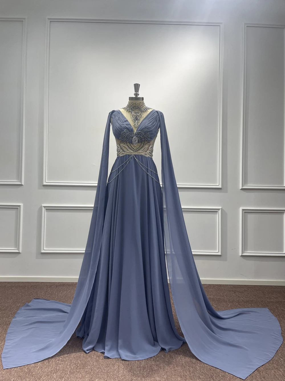 Blue A Line Chiffon Evening Dress Muslim Beaded Sequined Pearl Backless Ruffle Crystal Cap Sleeve Formal Party Prom Gown Vestido