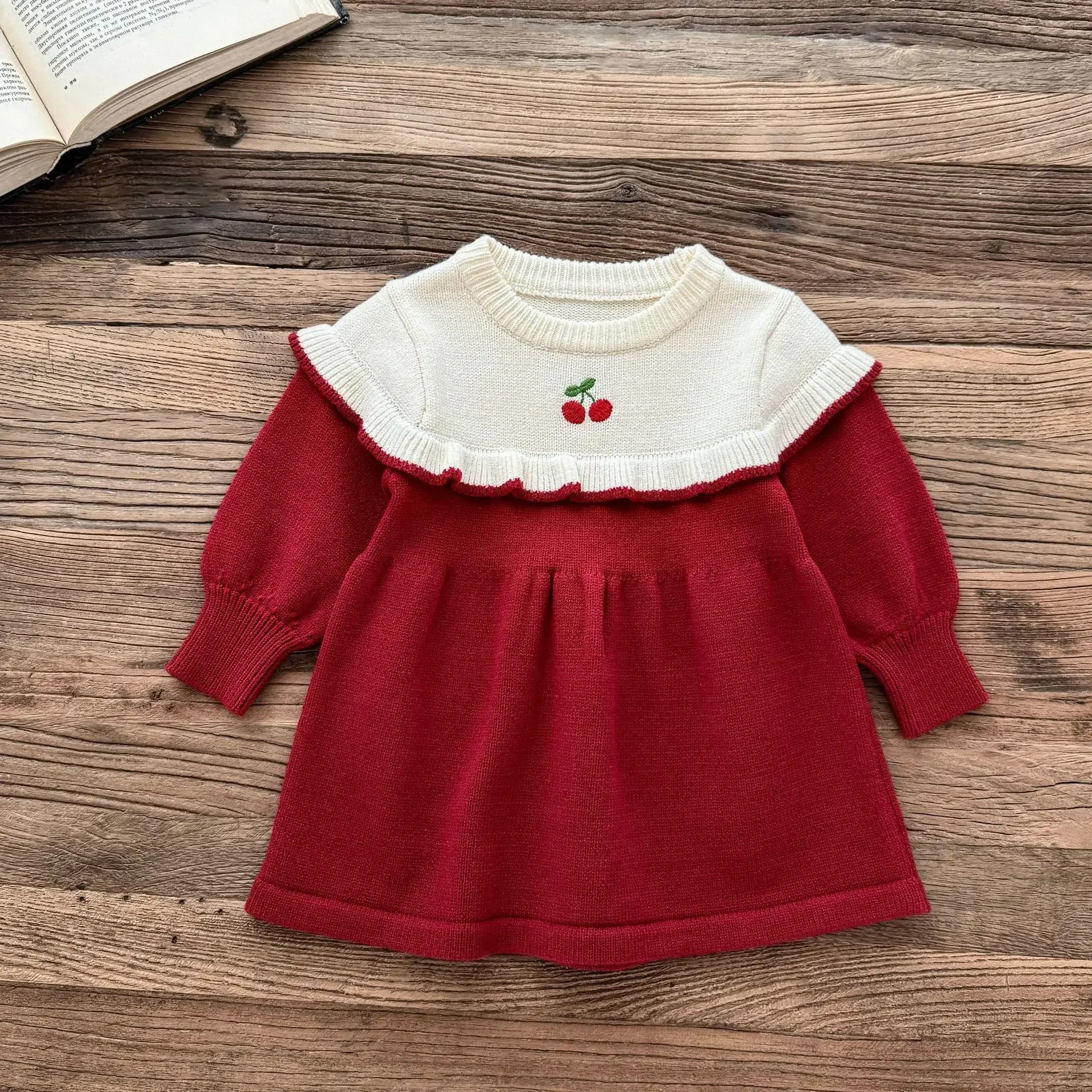 

Sweet 0-4Y Girl Clothes Cherry Embroidery Ruffle Trim Knit Dress Autumn Winter Warm Princess Dress Kids Formal Party Dress