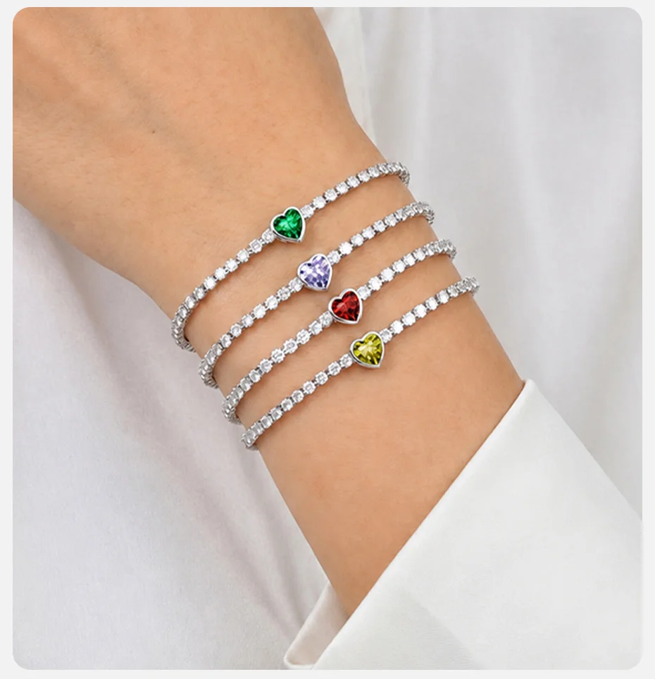 Vnox Exquisites Romantisches Herz-Geburtsstein-Tennisarmband für Frauen, Verstellbares AAA-Zirkonia-Armband, Persönliches Geburtstagsgeschenk – Detail 3