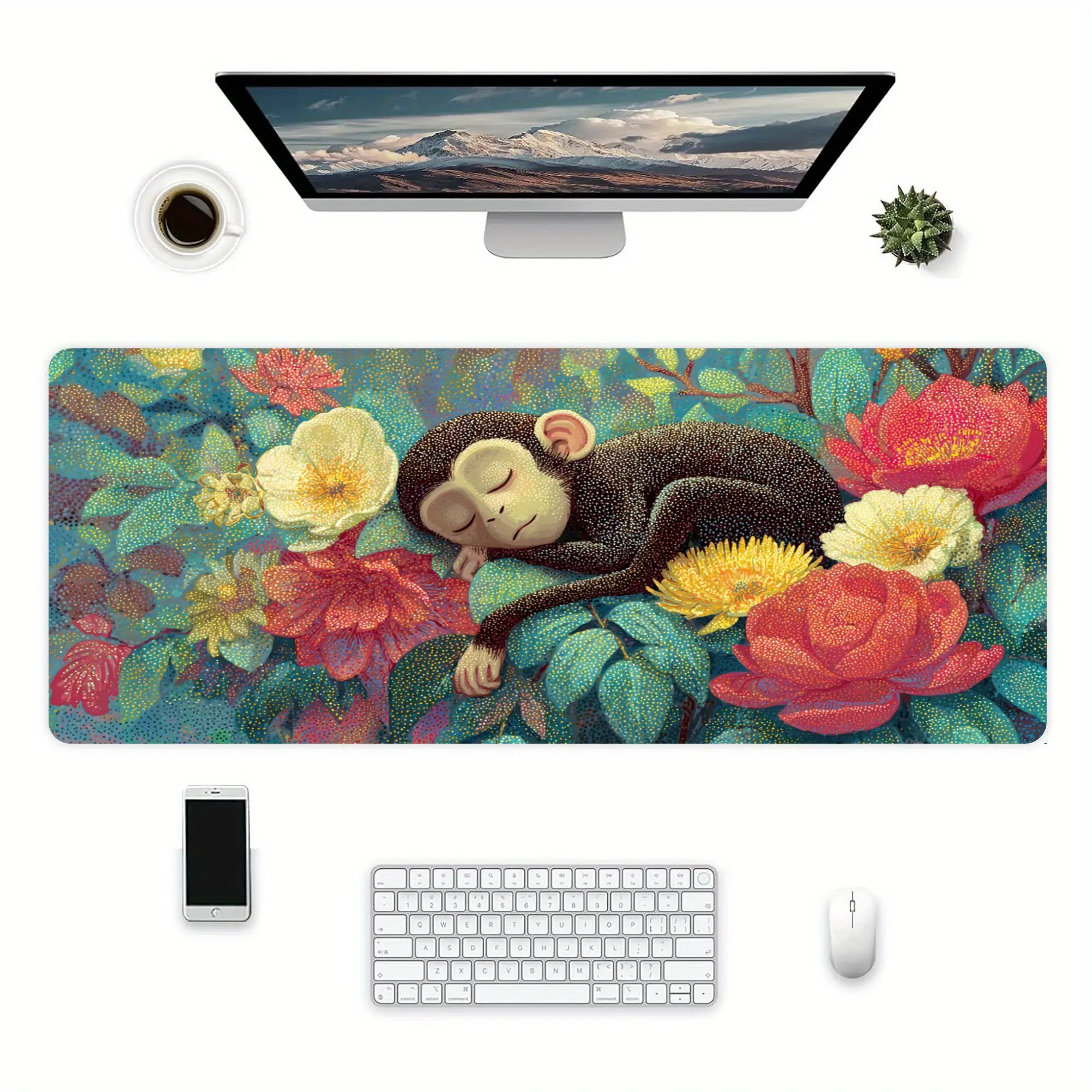 

Mouse pad designed with sleeping monkeys and jungle flowers features an anti-slip surface and HD color printing for durability