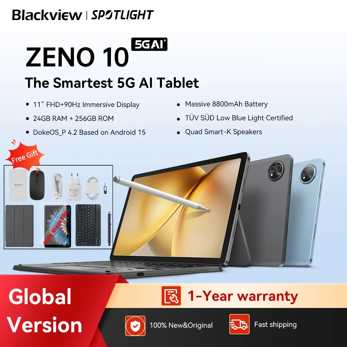

Blackview ZENO 10 5G AI Tablet,T8200 Ocat Core,11" FHD+ 90Hz Display, Android 15 Pad PC With Bluetooth Keyboard, Mouse, Stylus