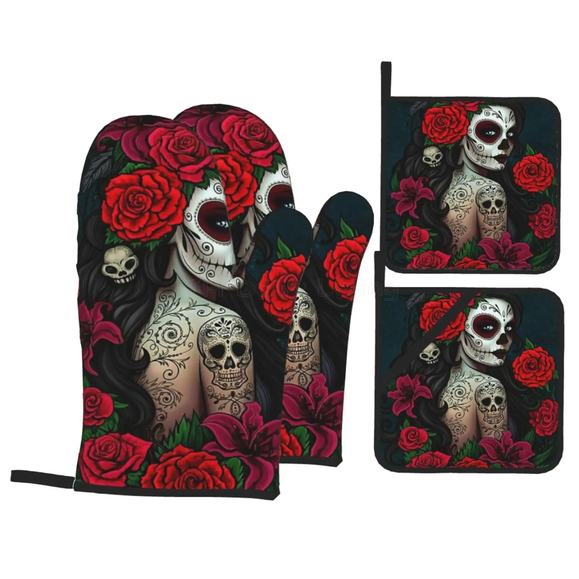 sugar-skull-rose-forno-luvas-e-panela-conjuntos-de-4-luvas-de-cozinha-antiderrapantes-resistentes-ao-calor-almofadas-quentes-para-cozinhar-bbq-assar