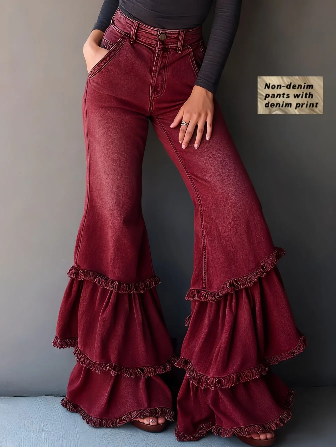 

Весенние женские расклешенные брюки с рюшами в американском ретро-стиле, с дизайнерскими вставками, с высокой талией, повседневные, облегающие, из искусственного денима, с бахромой