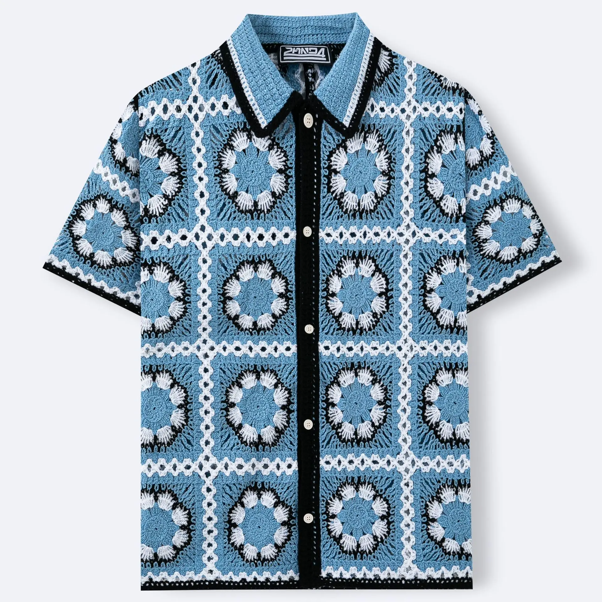 Men's retro checkered jacquard polo shirt with European and American style, summer casual crochet cardigan, fashionable knitwear