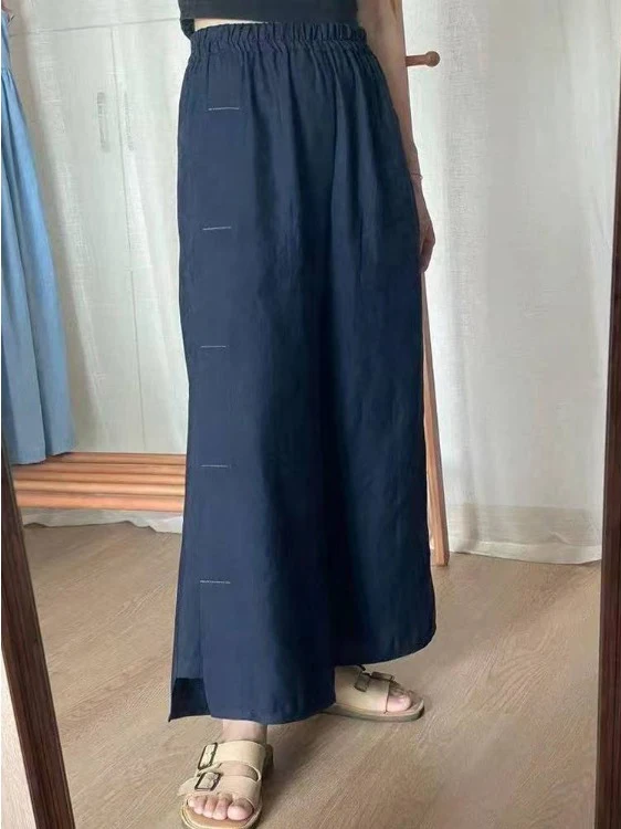 

Хлопковые льняные брюки с художественной вышивкой, широкие штанины, высокая талия, стройнящие, повседневные, летние, длинные, для женщин больших размеров