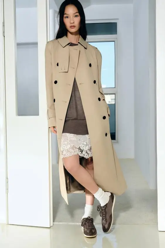 

New Autumn Women's mat Sle Belted Waterproof Double-breasted Collar Long Sve Coat Jaet Commute Straight-cut Cotton