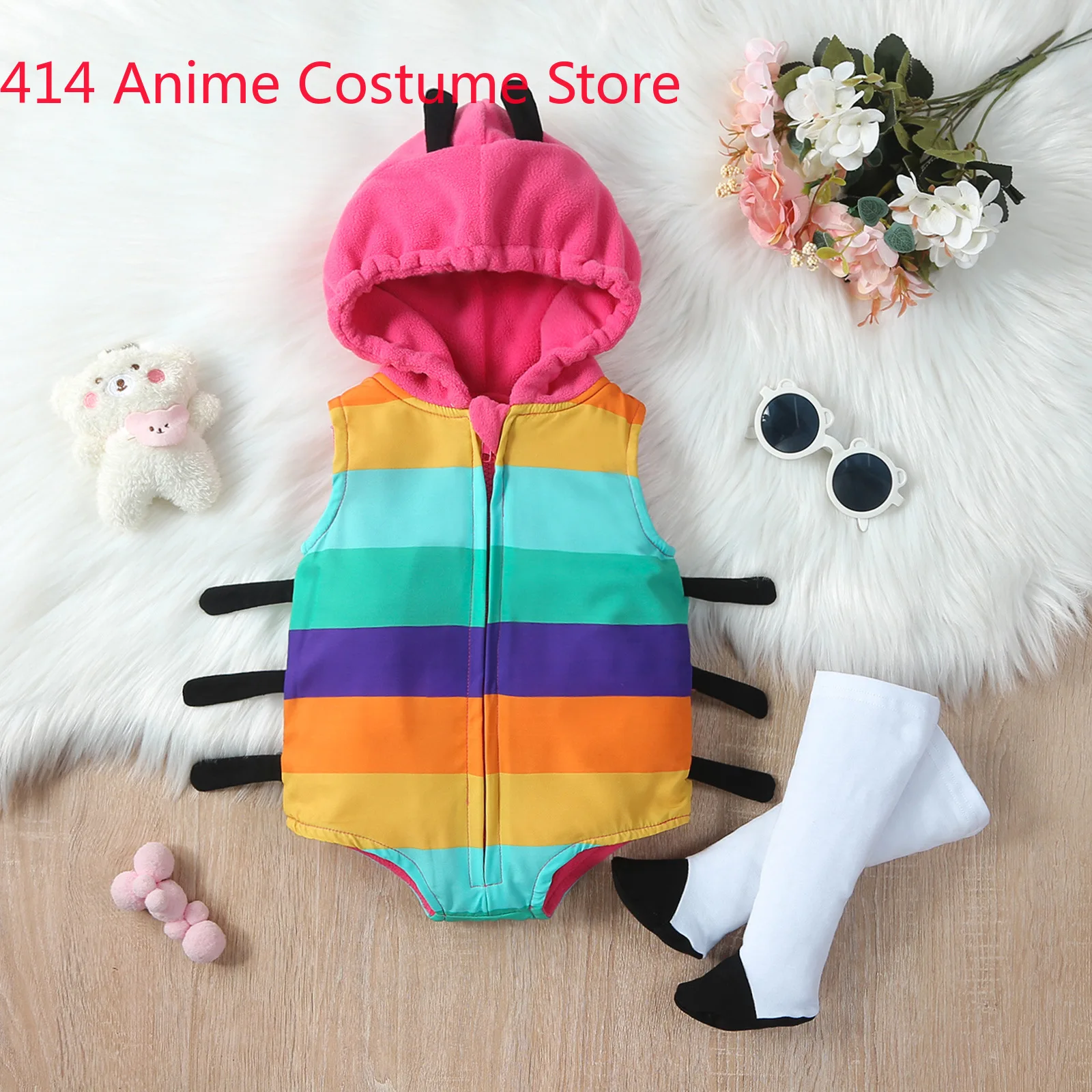 0-18M Baby Girls Color Caterpillar Costume Hoodie Romper Bodysuit Stockings 2pcs/set Zipper Sleeveless Purim Fancy Dress