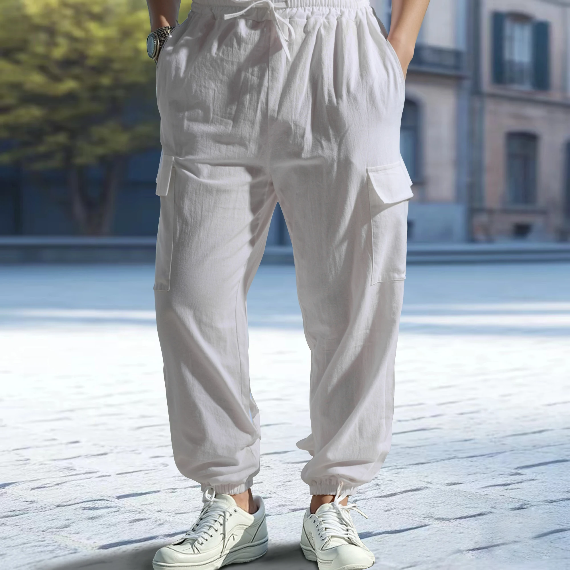 Casual Trousers Men's Cargo Casual Pants Solid Color Double Pocket Outdoor Pants Drawstring Leg Casual Pants