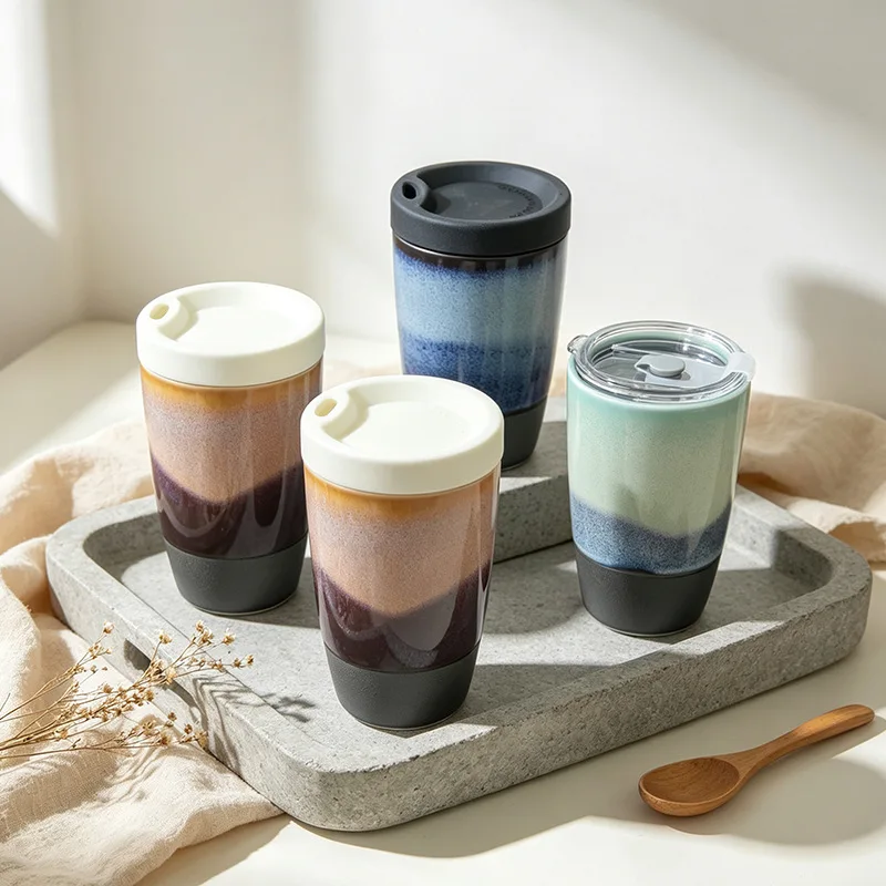 Kiln Glaze Ceramic Mug Simple Retro Lid Large Capacity Water Cup for Home Hotel Guesthouse Bathroom Toothbrush Cup Drinkware