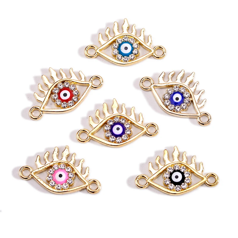 

10Pcs Shiny Rhinestone Flame Lucky Turkish Blue Eye Enameled Jewelry Connector for Bracelet Necklace DIY Jewelry Making Supplies