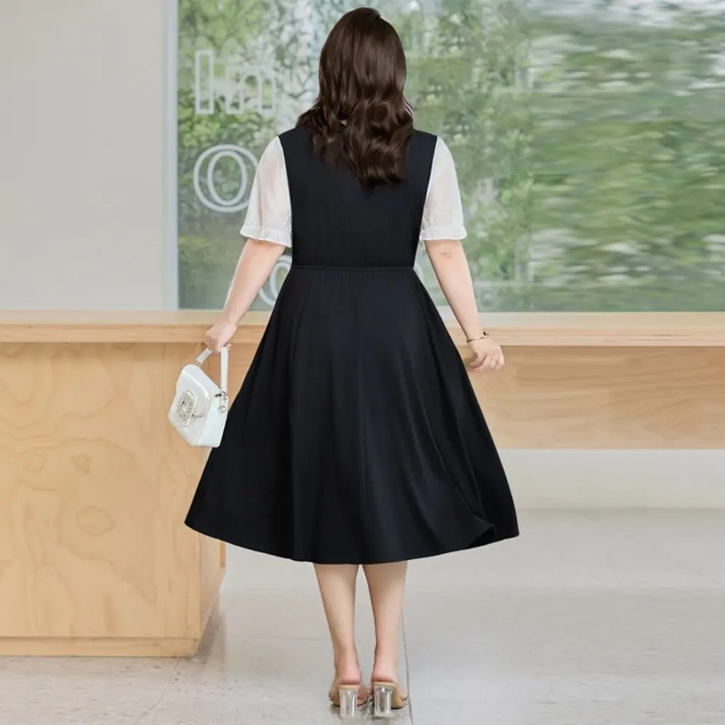 Nowa sukienka plus size damska z okrągłym dekoltem, krótkim rękawem, zapinana na zamek, o kroju litery A, uniwersalna, wyszczuplająca, odzież damska 8629