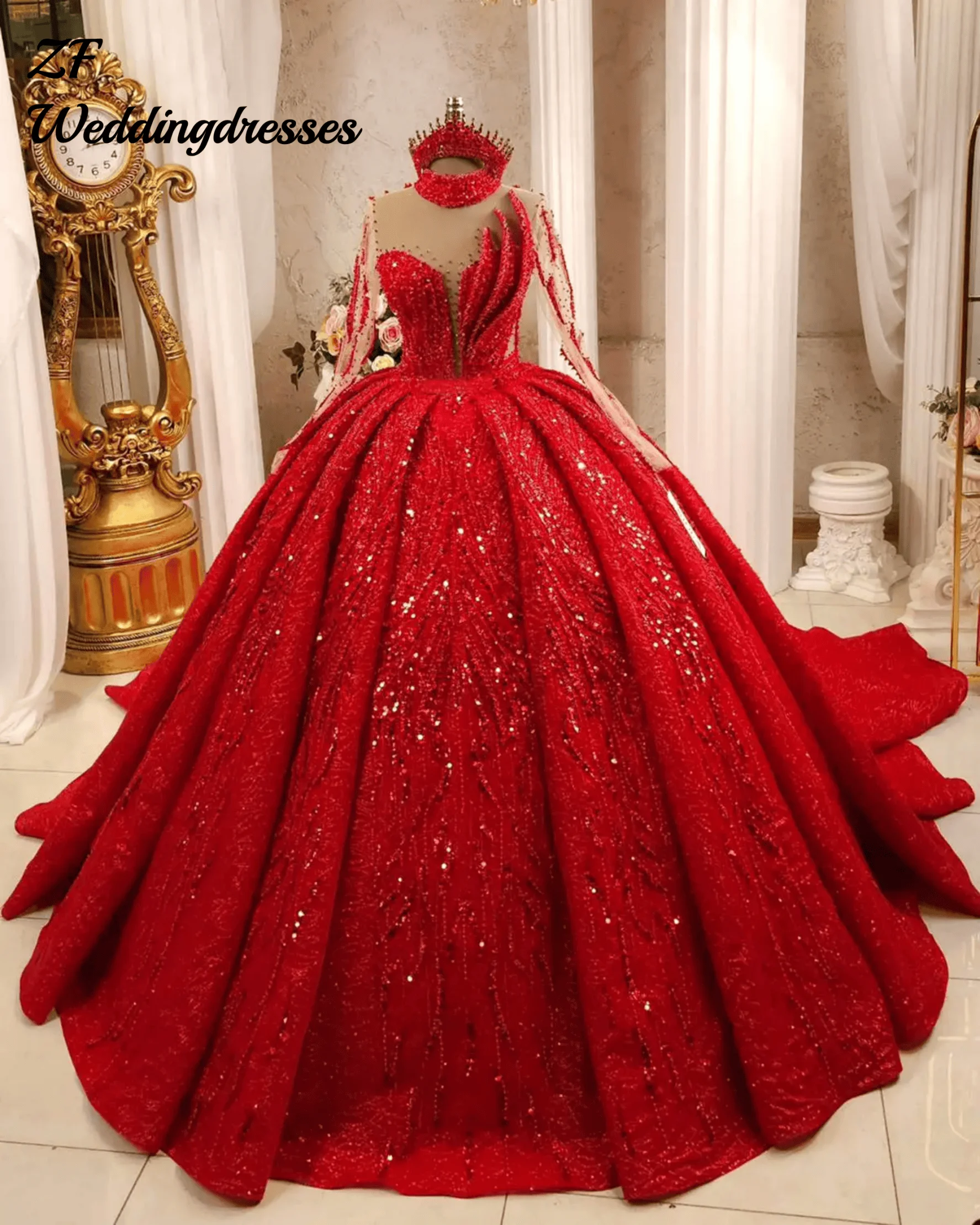 Customized  Red Ball Gown Wedding Dresses Beaded Crystals Pearls Lace Bridal Gowns Big Size Sweep Train Vestido De Novia