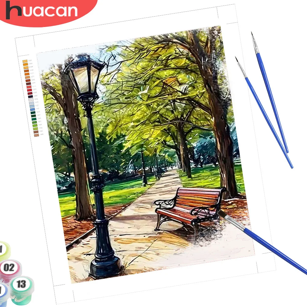 HUACAN Malen nach Zahlen für Erwachsene, Baum-Landschaft, Zeichnung auf Leinwand, Garten, Sommer, Bastelgeschenk für DIY-Wandset