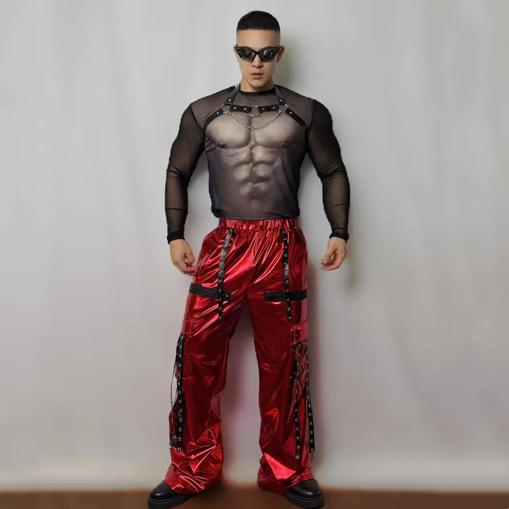 

Male Team Hip Hop Jazz Dance Set Nightclub Bar DJ Dancer Singer Sexy Stage Wear Silver Laser Wide Leg Pants Tops Rave Outfits