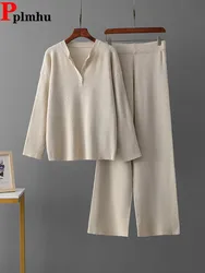 Women Solid Knitted 2 Piece Sets Korean V-neck Knitwears Sweater Pullover Tops Conjuntos Casual High Waist Wide Leg Pants Outfit