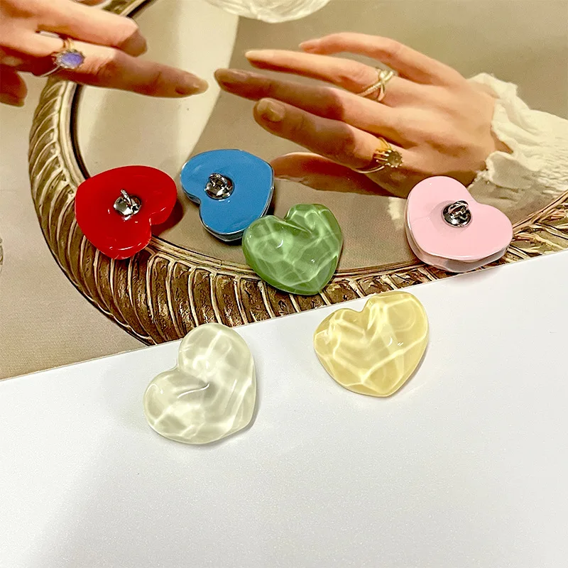 10PCS/Lot Heart-shaped Irregular Concave Convex Surface Resin Button DIY Colourful Heart Metal Foot Children's Clothing Button