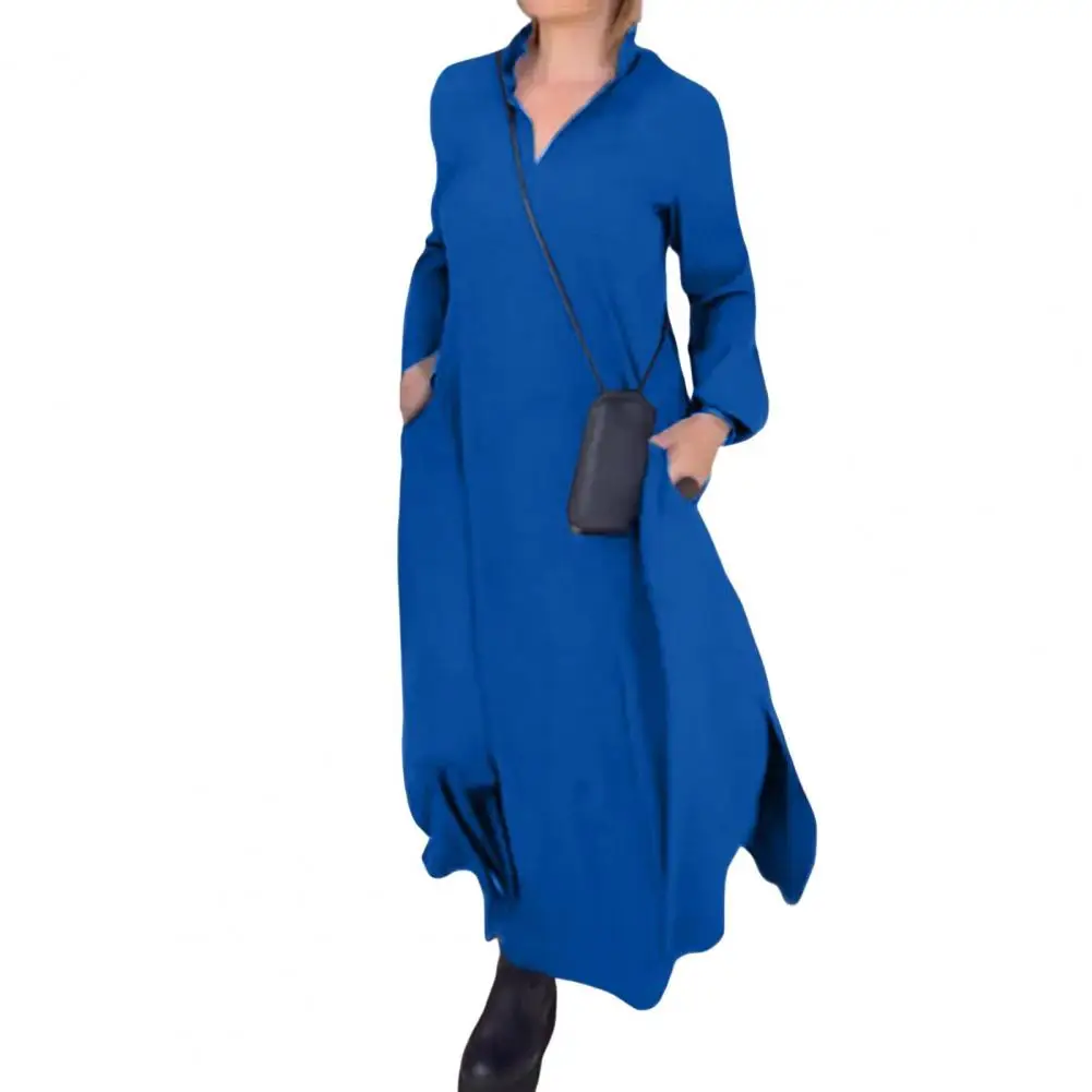 Dress Elegant V Neck Maxi Dress with Side Pockets for Women Loose A-line Silhouette Ankle Length Hem Long Sleeves for Fall