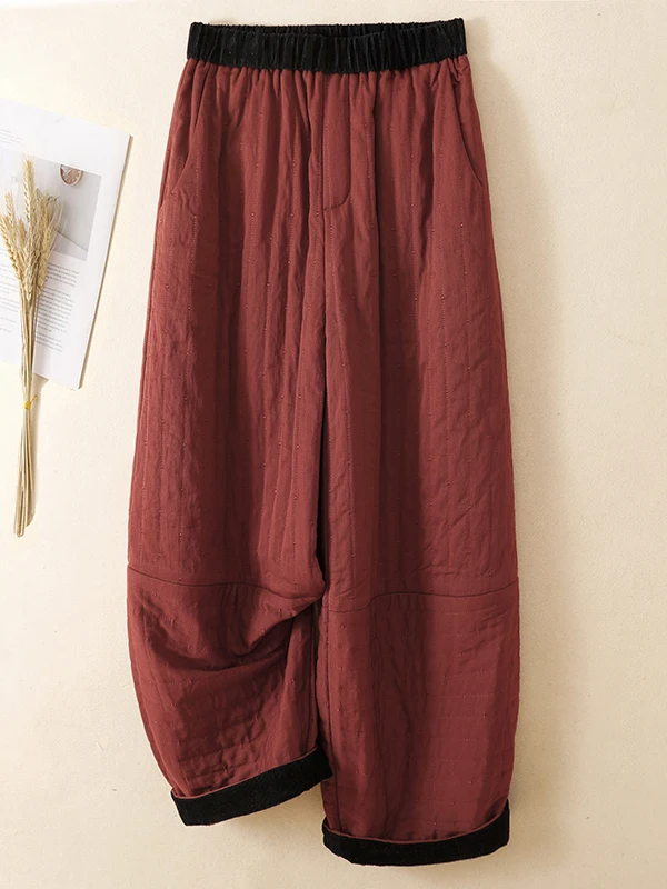 Retro Red Patchwork Cotton Pants Women's Loose Casual Wide Leg Long Trousers Winter Outerwear Lightweight High Waist Cotton