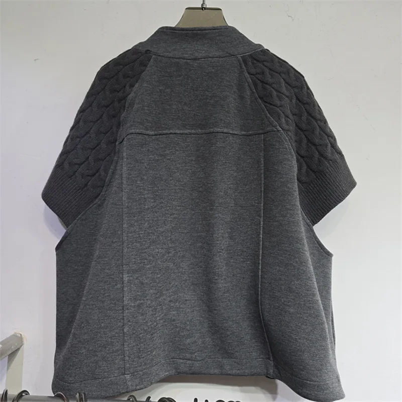 Women Short Vest Jacket 2026 Autumn Cable Knit Short Sleeve Patchwork Stand Collar Waistcoat Fashion Casual All-match Outerwear
