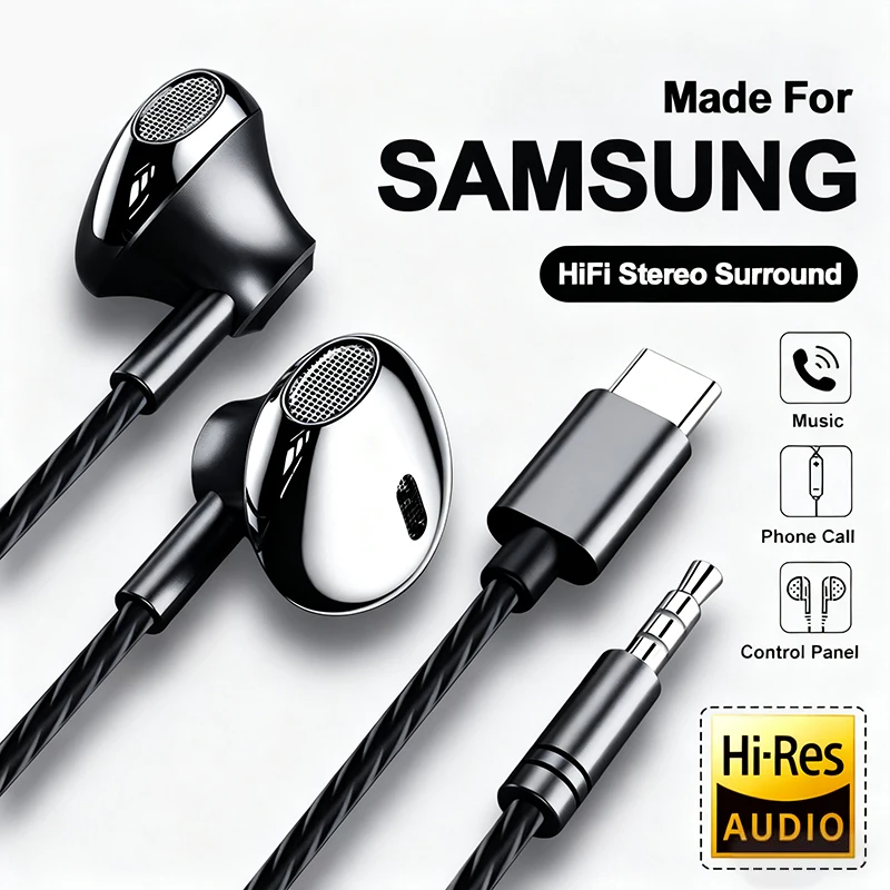 USB Type-C Stereo Headphones 3.5mm Microphone Volume Control Headphone Cable For Samsung Galaxy S25/24 Ultra Wired Earphones