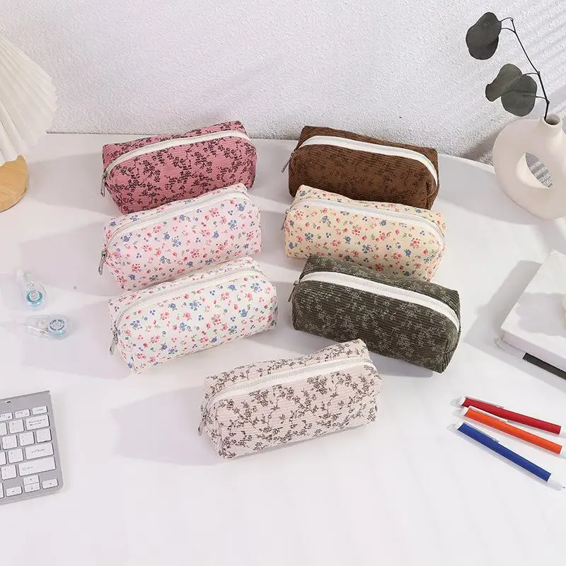 Милый пенал с принтом, эстетический ретро пенал с цветочным принтом, косметичка с цветком, большая вместительная канцелярская сумка-органайзер, принадлежности