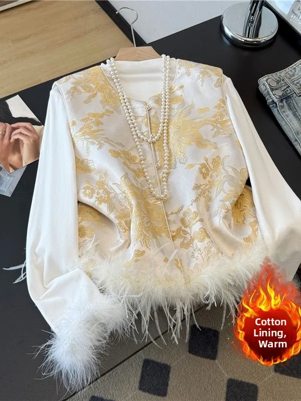 

New Chinese Sle Embroidered Feather Quilted Vest Warm round Ne Svel Coaird Feather Traditional National Sle Top