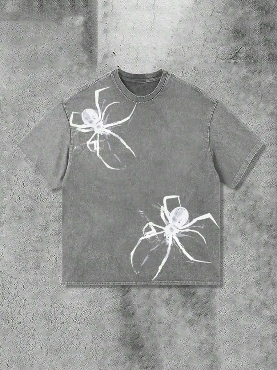 

Spider Print Washed Cotton T-Shirt For Adults Casual Loose Streetwear