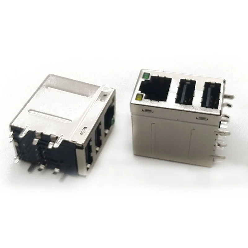 

5PCS RJ45 Connector Plus Double Layer USB2.0 Black Tape Shield Shell With LED Left Yellow Right Green Light No Transformer 100M