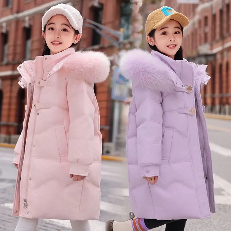 New 4-12 Years Fashion Winter Teenger Girls Jacket Hight Quality Heavy Keep Warm Large Fur Collar Hooded Coat For Kids
