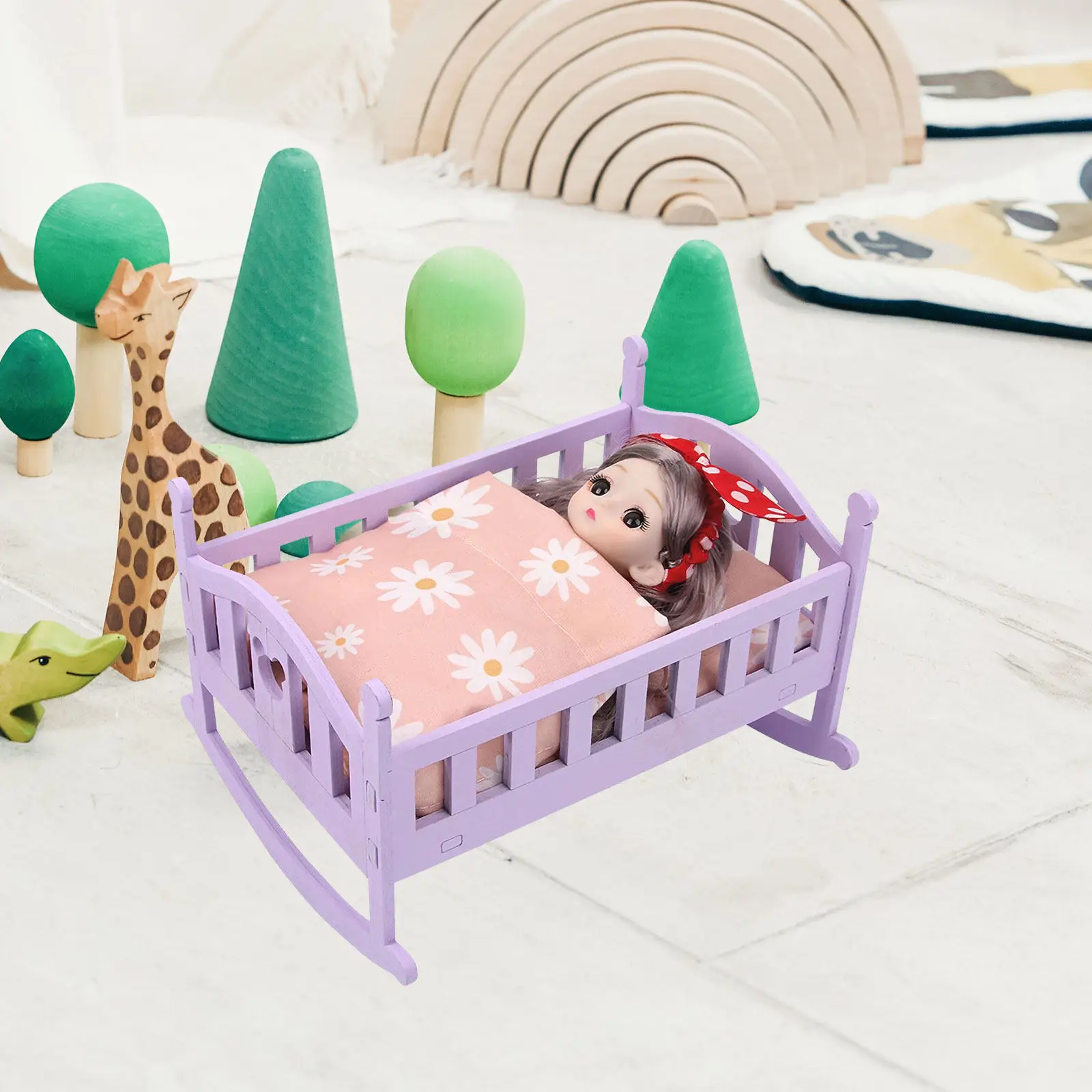 

1Set Miniature Crib Wooden Baby Crib Natural Material Stable Frame Mattress Mini House Furniture Ornament Kids Room Decoration