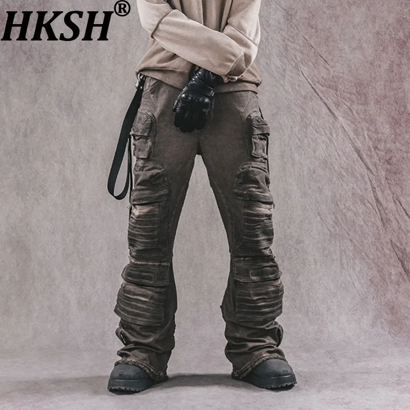 HKSH Spring New Men Dark Punk 3D Patchwork Pockets Cargo Pants Washed Overalls Ins Wide Legged Flared Waste Land Overalls HK0811