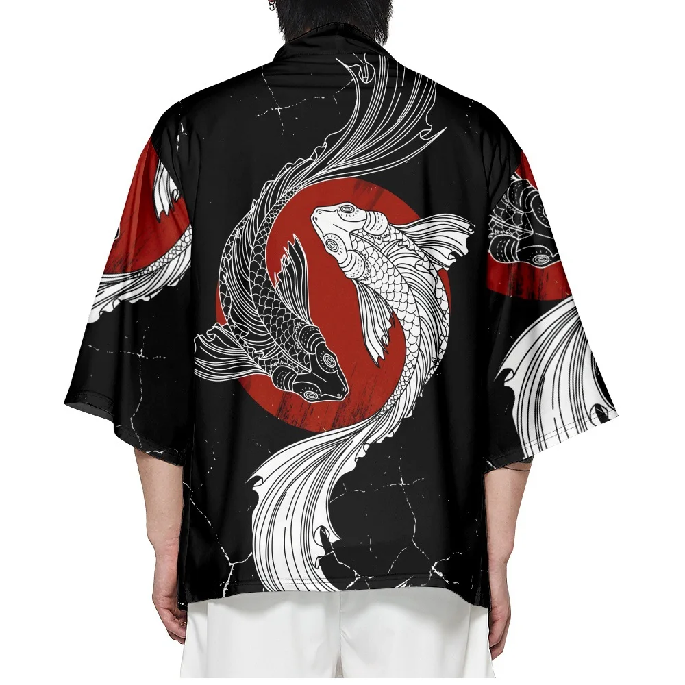 

Kimono Men's Stylish & Comfortable Vintage Design Summer Shirt - Loose Fit with Unique Yin and Yang Fish Printing Kimono Women