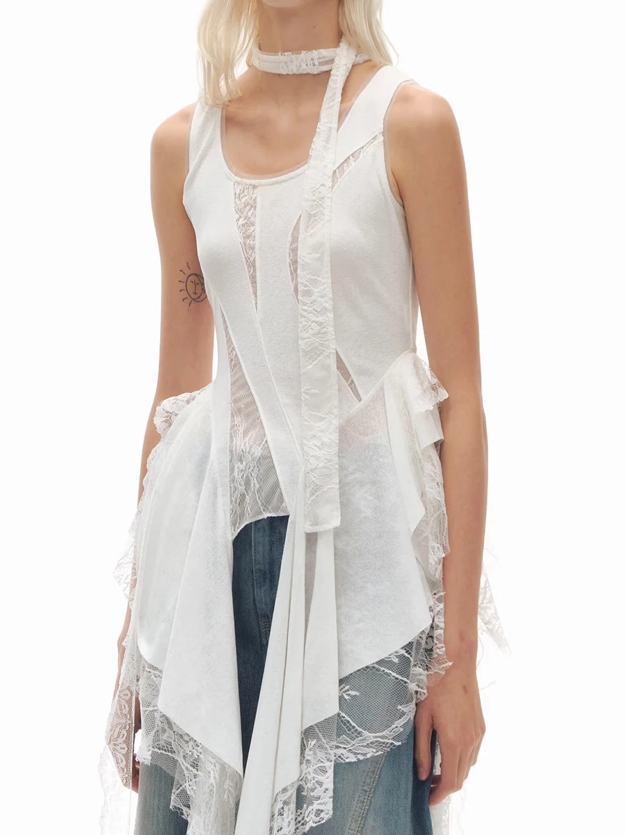 TWOTWINSTYLE Solid Sheer Spliced Lace Irregular Vests for Women Square Neck Sleeveless Patchwork Ruched Fashion Vest Female New